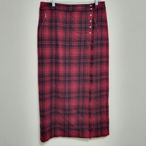Vtg EDDIE BAUER Wool Black Red Tartan Plaid Blanket Wrap Maxi Skirt 12 Grunge